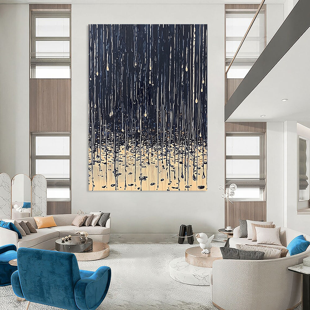 Contemporary abstract painting depicting rain on ground with dark blue beige palette thick paint drips and tranquil reflections on wet surfaces. DLZ0634