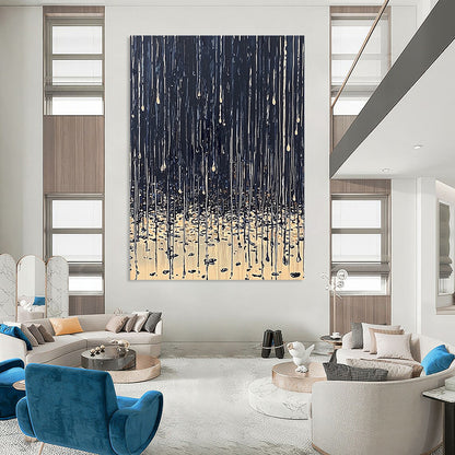 Contemporary abstract painting depicting rain on ground with dark blue beige palette thick paint drips and tranquil reflections on wet surfaces. DLZ0634