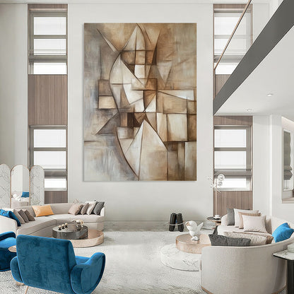 Contemporary hand-painted abstract artwork featuring geometric designs in neutral tones capturing harmony between simplicity and complexity with a focus on depth and perspective. DLZ1093