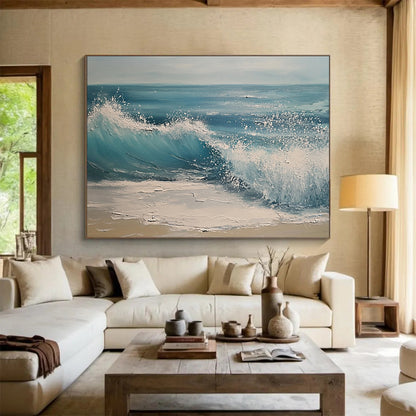 Blue, White and Beige Crashing Wave "Splash of Serenity" Painting On Canvas HB0670