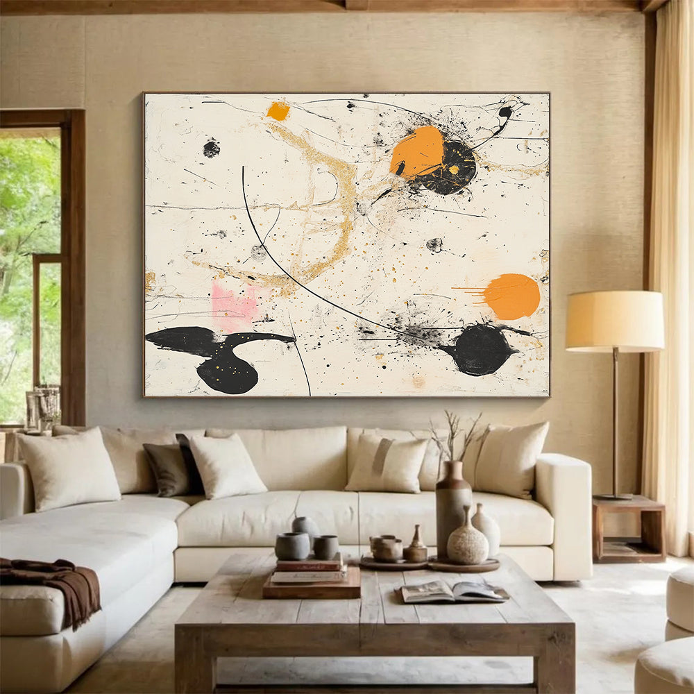 Black, White, Orange, Gold, Splattered Shapes "Chaotic Cosmos" Abstract Expressionist Painting On Canvas HB101