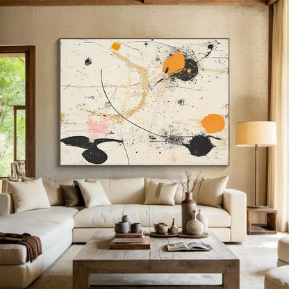 Black, White, Orange, Gold, Splattered Shapes "Chaotic Cosmos" Abstract Expressionist Painting On Canvas HB101