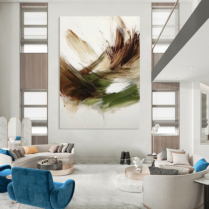 Contemporary hand-painted abstract art features a rich green, brown, and white palette with textured brush strokes and a dark beige backdrop. DLZ0447