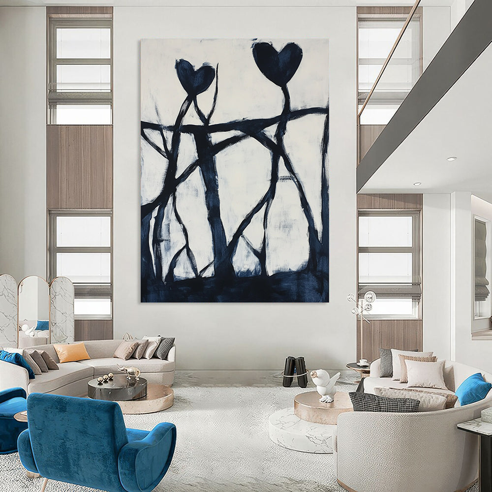 Contemporary hand-painted abstract artwork featuring dynamic black shapes, intricate patterns, and bold hearts against a pure white background. DLZ1398