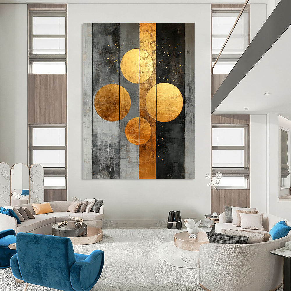 Contemporary abstract artwork features striking gold circles on a textured grey canvas adorned with dynamic stripes and dots for a bold statement. DLZ0740