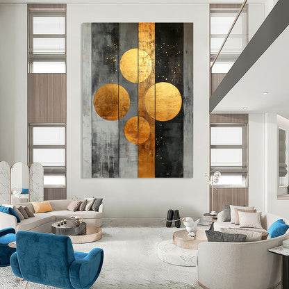 Contemporary abstract artwork features striking gold circles on a textured grey canvas adorned with dynamic stripes and dots for a bold statement. DLZ0740