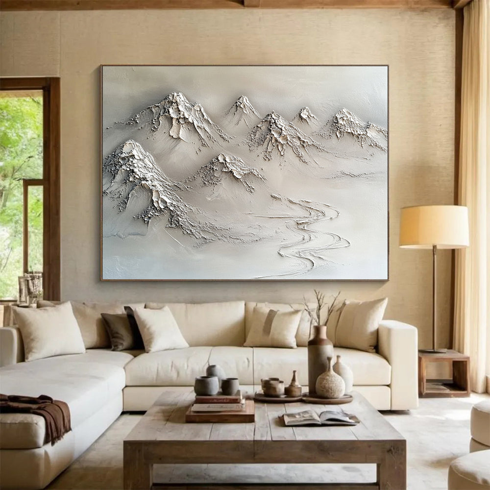 “Textured Mountain Range” - Neutral Grays, Beiges, Textured Mountain Landscape - 3D Relief Sculpture Painting HB1751