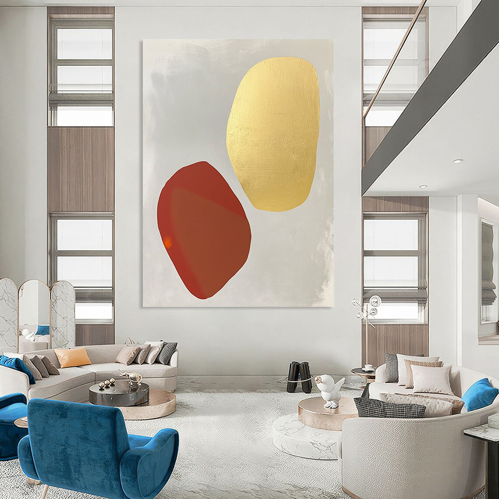 Contemporary abstract painting featuring white and gold shapes on light gray with organic forms and soft tones highlighted by pale red and orange accents. DLZ1735