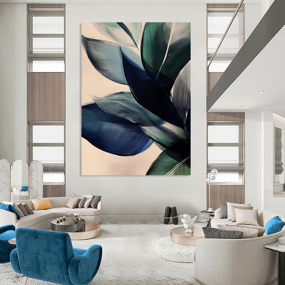 Large contemporary abstract painting featuring vibrant leaves in dark blue and green tones on a beige background with soft edges and layered forms. DLZ0625
