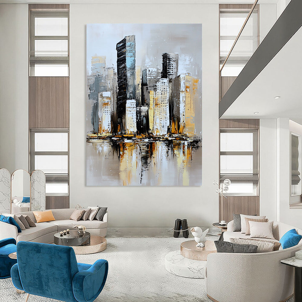 Contemporary abstract painting featuring a textured neutral-toned skyline with soft brushstrokes and serene reflections on water in a muted atmosphere. DLZ0852
