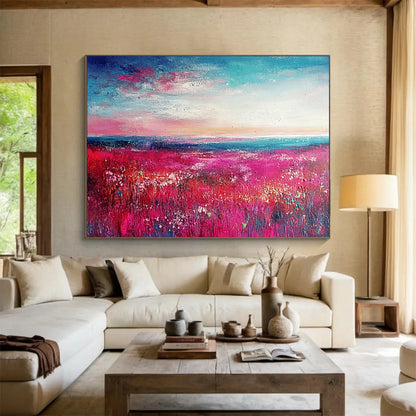 “Pink Meadow Sunset” - Pink, Blue, White, Lush Meadow and Colorful Sky Painting On Canvas HB0943