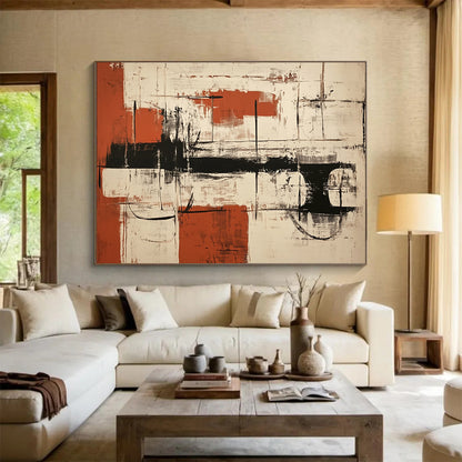 “Red Black White Abstract” - Red, Black, White, Textured Forms, Grid Elements - Painting On Canvas HB1439