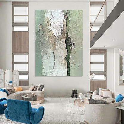 Contemporary abstract artwork featuring an old peeling wall in neutral tones with intricate light green and beige textures using impasto technique. DLZ1199