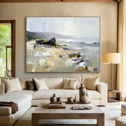“Beached Boat Impasto Scene” - Browns, Grays, Whites, Boat on Beach - Textured Oil Painting HB1589