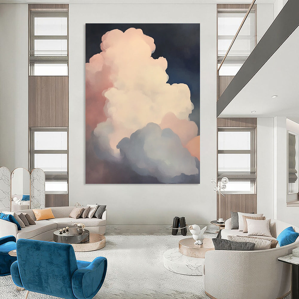 Contemporary hand-painted abstract art featuring puffy white clouds in soft pink and blue against a dark, low-contrast background. DLZ1092