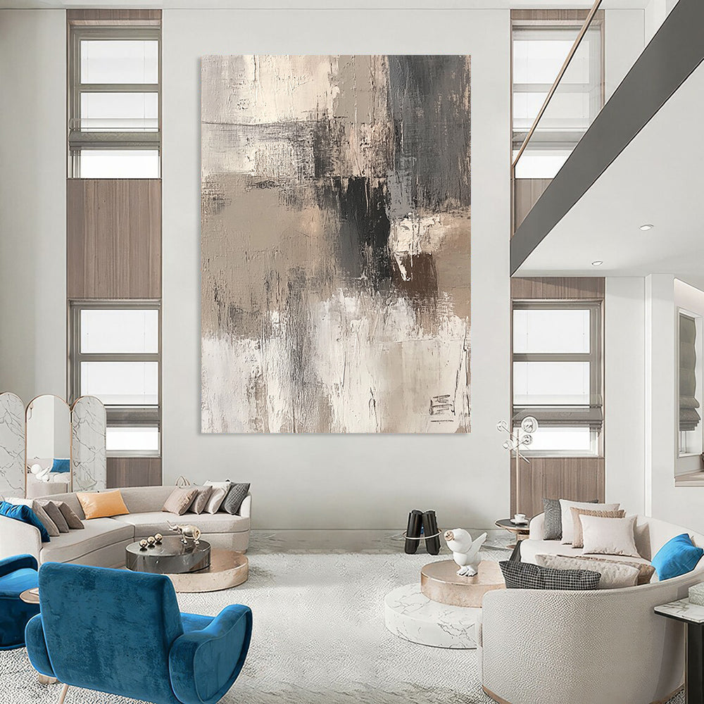 Contemporary hand-painted abstract art features beige and white brushstrokes on a textured gray background for a dreamy rustic charm. DLZ1133