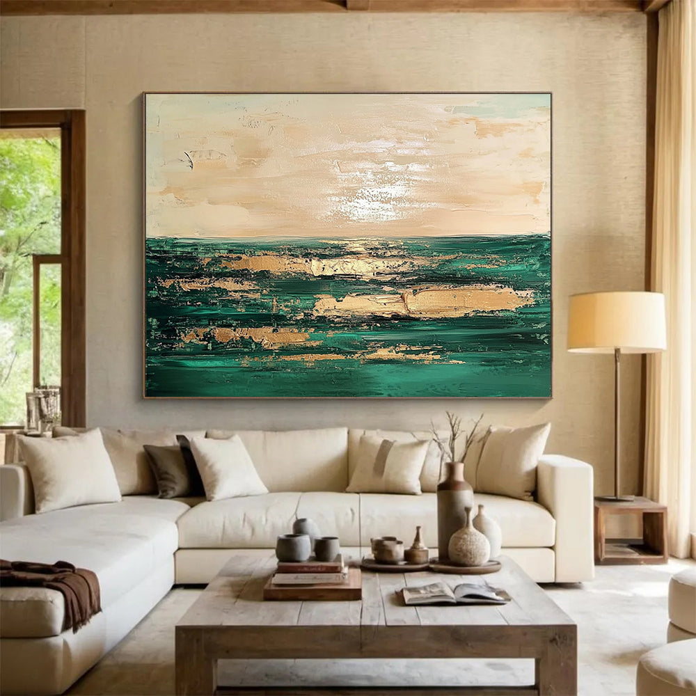 “Coastal Abstract with Gold” - Green, Gold, Coastal Landscape Painting On Canvas HB0888