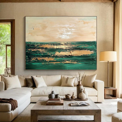 “Coastal Abstract with Gold” - Green, Gold, Coastal Landscape Painting On Canvas HB0888