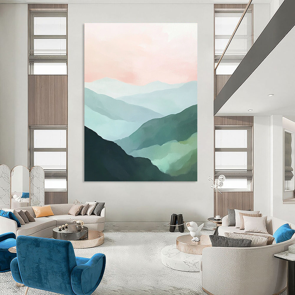 Contemporary abstract painting features green mountains and a soft pink sky creating a tranquil landscape with a harmonious color palette of mint green and pale blue. DLZ0394