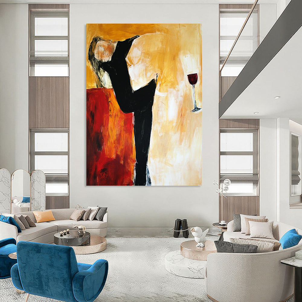 Contemporary abstract artwork depicting a woman on a sofa with expressive lines and warm tones showcasing emotional depth and pensive stillness. DLZ0973