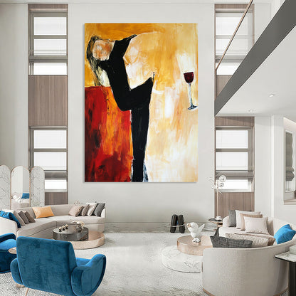 Contemporary abstract artwork depicting a woman on a sofa with expressive lines and warm tones showcasing emotional depth and pensive stillness. DLZ0973