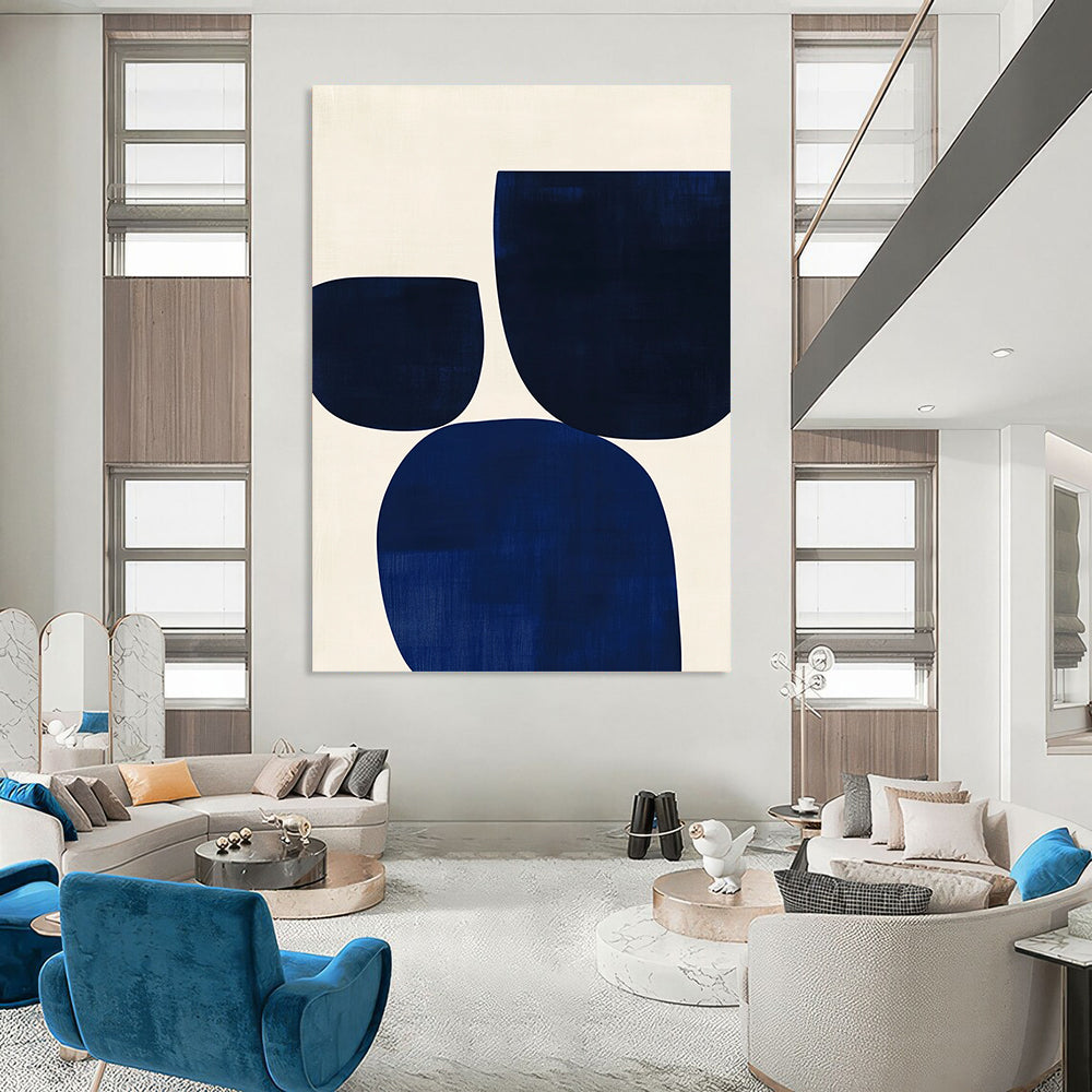 Contemporary hand-painted abstract artwork featuring minimalist Japandi style with blue and white simple shapes for a serene ambiance. DLZ1618