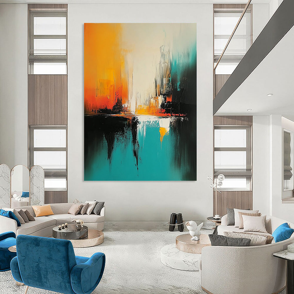Impressionistic abstract painting featuring turquoise and black brush strokes with white space and vibrant orange and yellow hues creating a nature-inspired immersive experience. DLZ0541