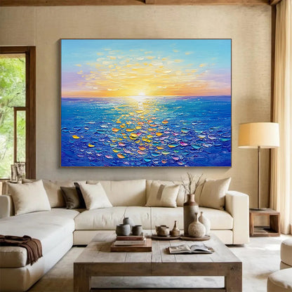 Sunlit Sea with Colorful Textured Reflections - Impasto Seaside Painting On Canvas HB0438