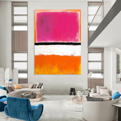 Contemporary hand-painted abstract art showcasing shades of pink, orange, and white with a striking black line in the center. DLZ1306