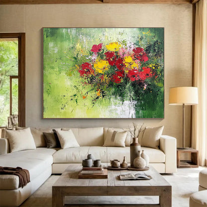 Impasto Flower Bouquet on Green - Textured Still - Life Painting On Canvas HB0475