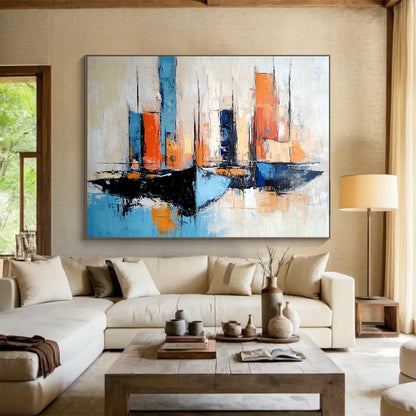 “Colorful Sailboats” - Blues, oranges, whites; Abstract sailboats in a vibrant harbor; Impressionistic Oil Painting On Canvas HB1178