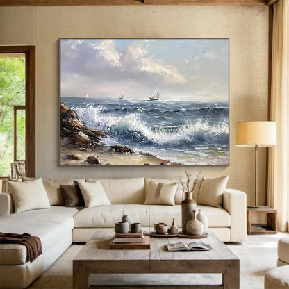 “Sailing Serenity” - Blues, Whites, Greys, Sailboats at Sea - Realist Oil Painting HB1605