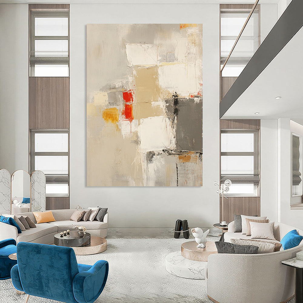 Contemporary abstract painting in neutral beige and gray tones with bold strokes and accents of yellow and red for a striking visual impact. DLZ0756