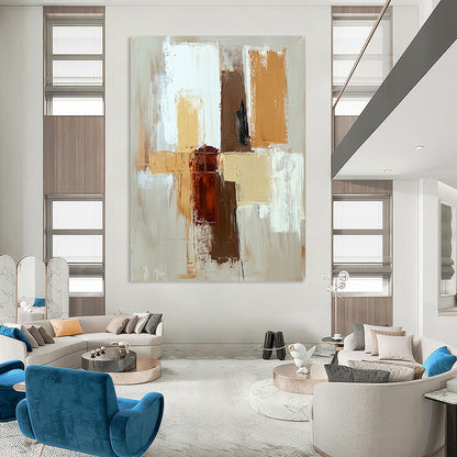Contemporary hand-painted abstract artwork featuring a minimalistic design with beige brown and white brush strokes for a serene aesthetic. DLZ1020
