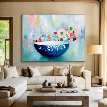“Floral Bowl Still Life” - Blue, White, Colorful Flowers, Polka Dots, Pastel Background - Painting On Canvas HB1443