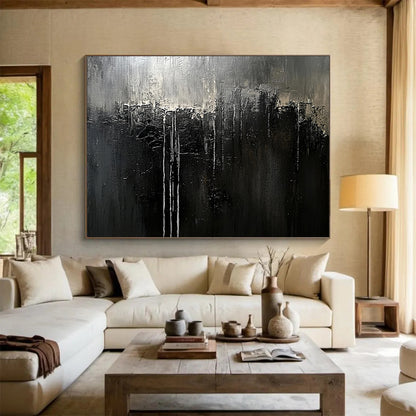 Monochrome Dripping Abstract - Dark Expressionist Painting On Canvas HB0468