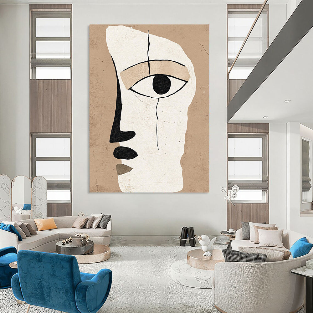 Contemporary abstract artwork featuring a minimalistic face design with an eye in warm beige and white tones, inspired by Henri Matisse. DLZ1311