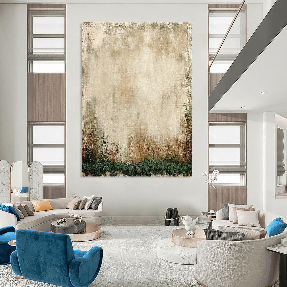 Contemporary hand-painted abstract artwork featuring aged beige canvas, mossy texture, distressed edges, and soothing neutral tones. DLZ1136