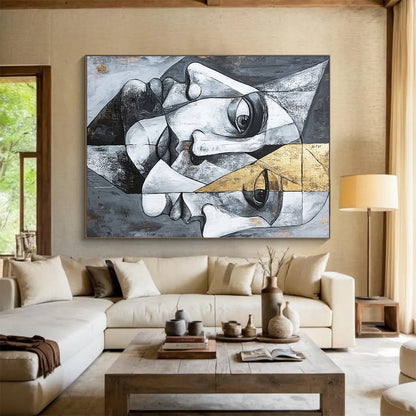 Gray, Black, White and Gold Cubist Portrait "Mystic Visage" Painting On Canvas HB374