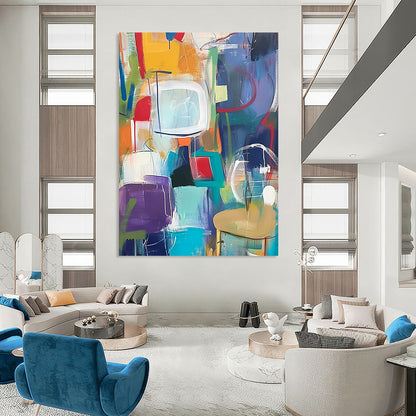 Contemporary abstract artwork features vibrant shapes and playful forms with lively backgrounds of everyday objects for a fun decor enhancement. DLZ0944