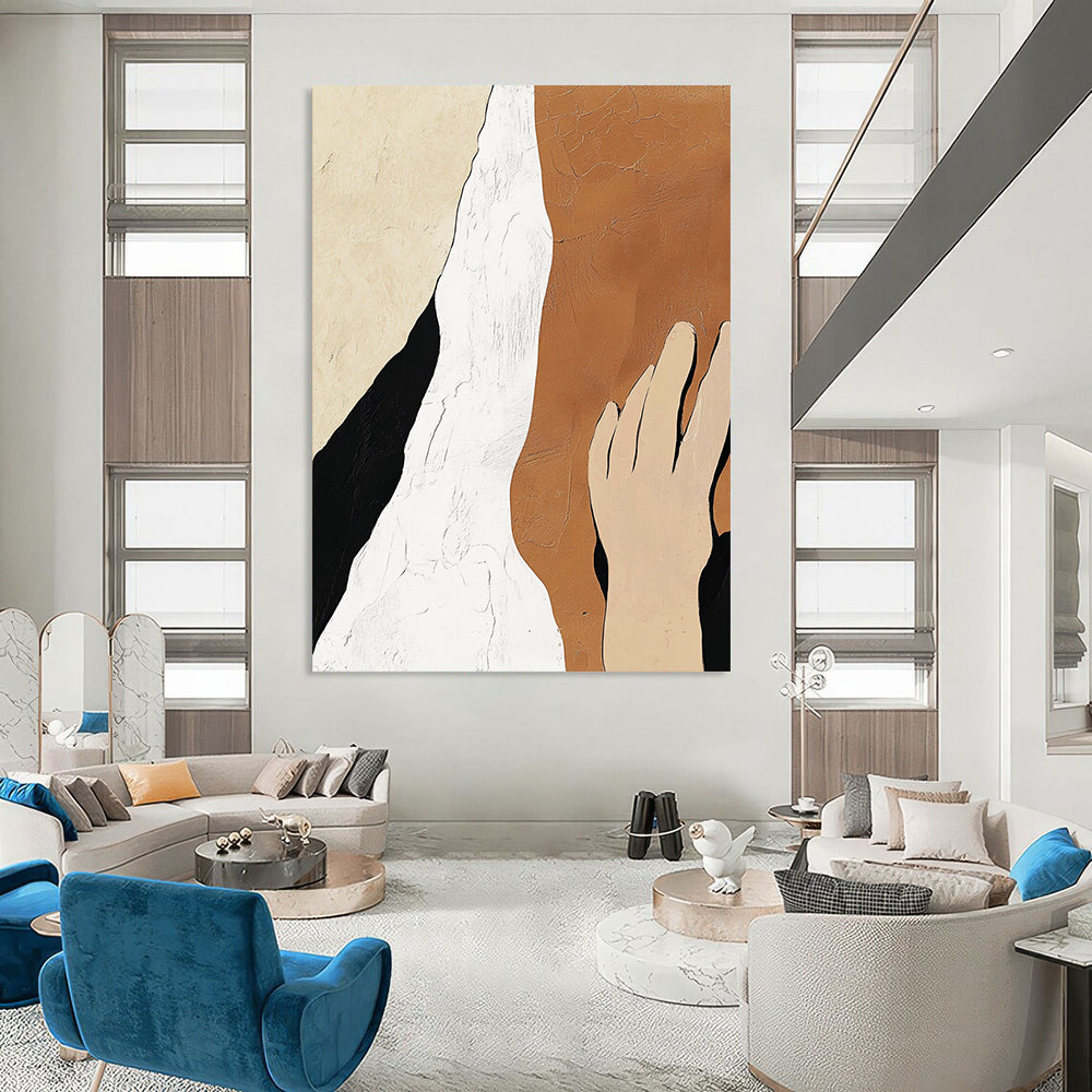Large contemporary hand-painted abstract artwork featuring minimalistic design in beige, white, and black with textured skin tones and a peaceful aesthetic. DLZ0910