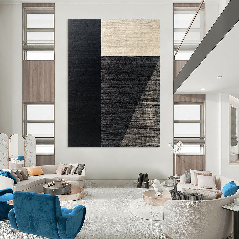 Contemporary hand-painted abstract art featuring a black and gray minimalist rug design inspired by Picasso with elegant composition and harmonious color palette. DLZ1536