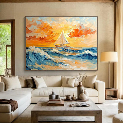 Sailboat on a Colorful Sea at Sunset - Expressive Impasto Seaside Painting On Canvas HB0445