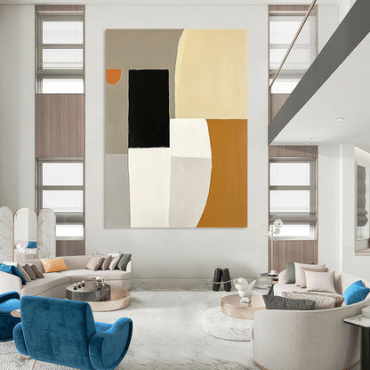 Contemporary hand-painted abstract artwork featuring white and gray shapes, a black square, an orange element, and a simple form in the top left corner. DLZ0932