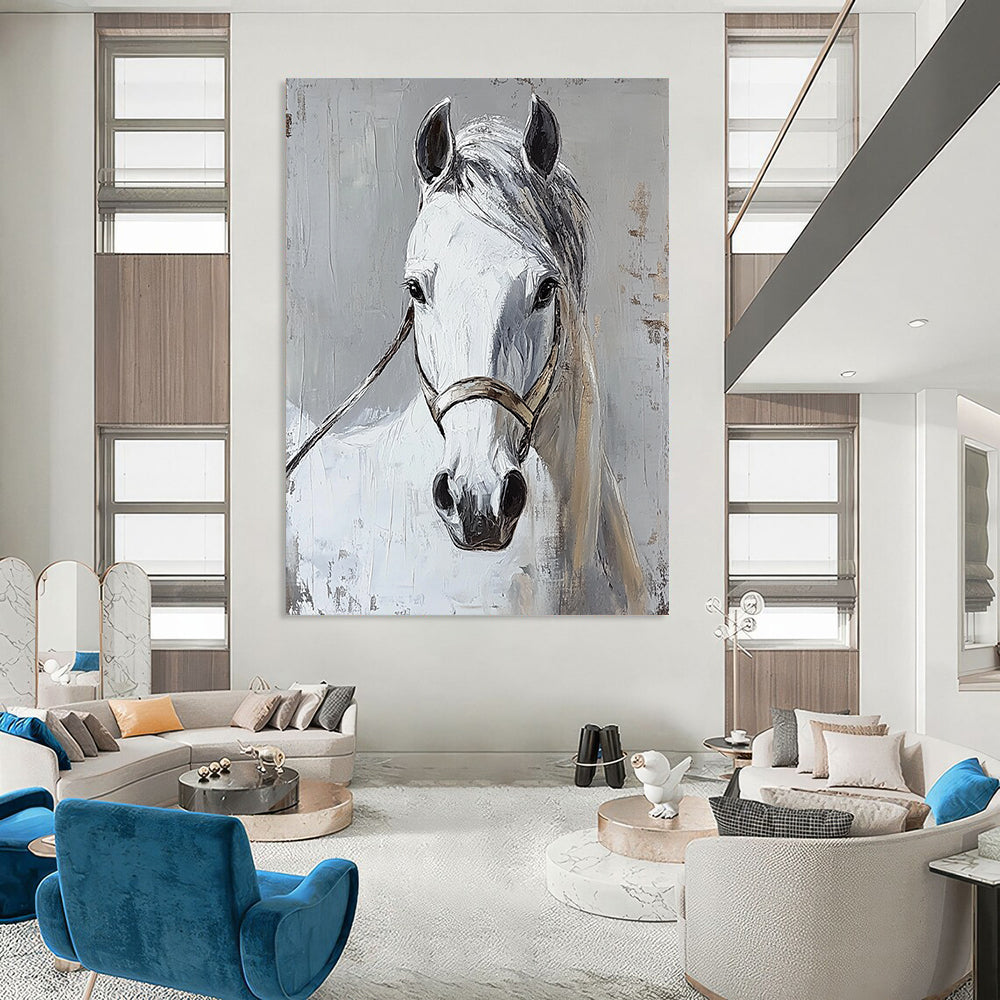 Contemporary abstract painting featuring a white horse head on a grey background showcasing vibrant colors and dynamic brushstrokes. DLZ1744
