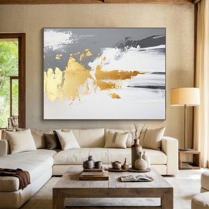 “Gray - White - Gold Abstract Strokes” - Gray, White, Gold, Abstract Paint Strokes - Acrylic Painting HB1780