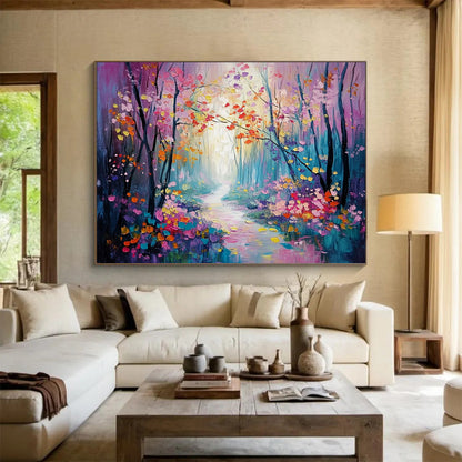 “Colorful Enchanted Forest Path” - Purple, Pink, Yellow, Blue, Flower - Lined Path - Whimsical Oil Painting HB1700
