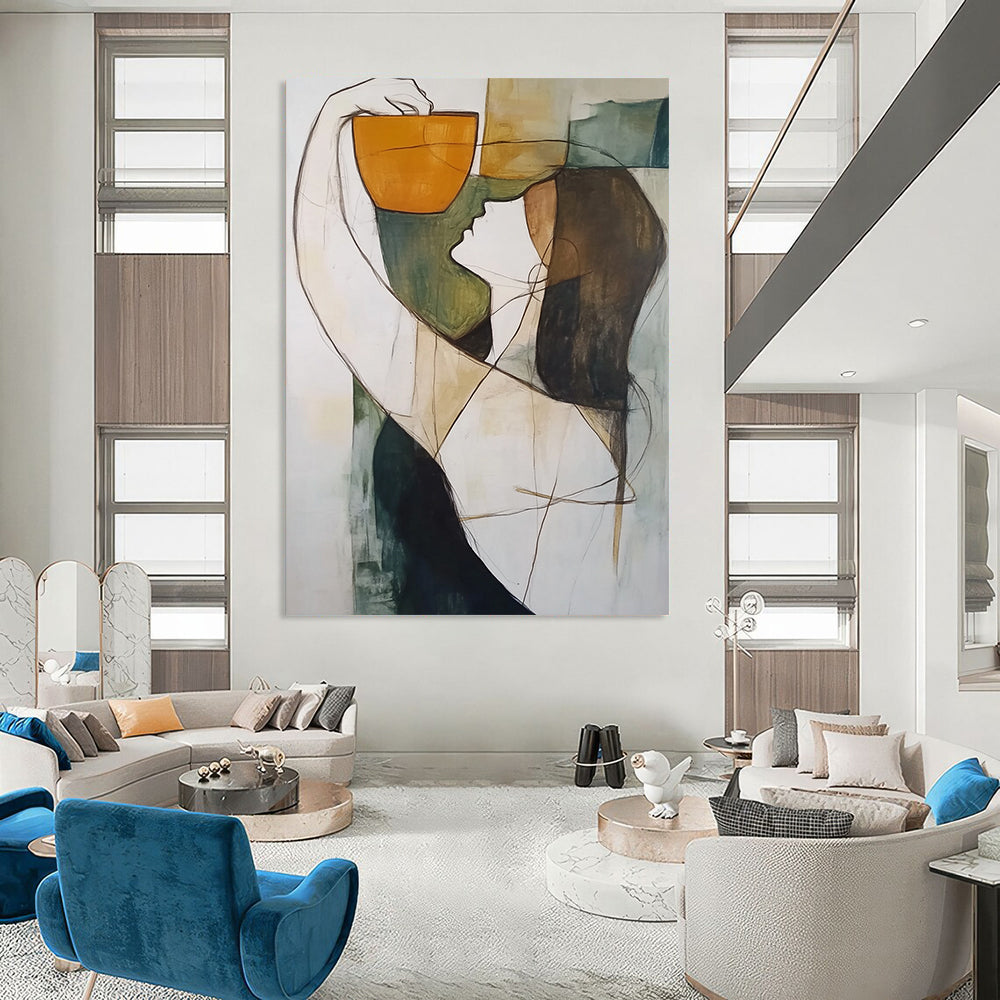 Contemporary abstract artwork featuring a figure cradling an orange cup against a soothing blend of gray green black and blue tones. DLZ1302