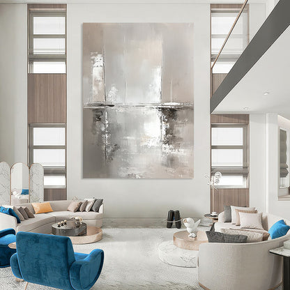Contemporary abstract art features white and gray tones with water reflections and sailboats, showcasing loose brushstrokes and a modern minimalist aesthetic. DLZ0667