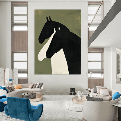 Contemporary abstract painting featuring two horses in profile – bold black shapes with white accents on green background, creating a striking minimalist visual. DLZ1325